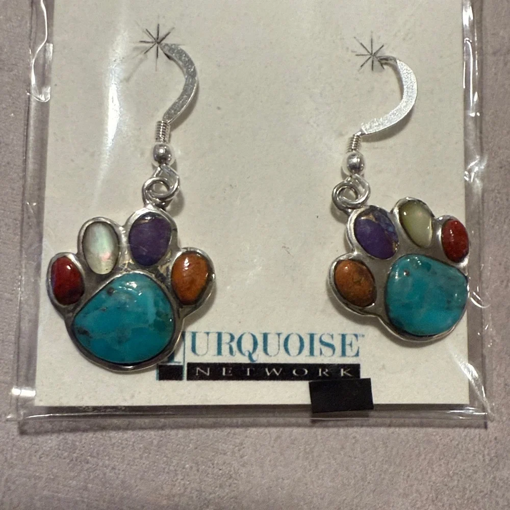 Sterling Silver Paw Earrings with Turquoise - Picture 2 of 3